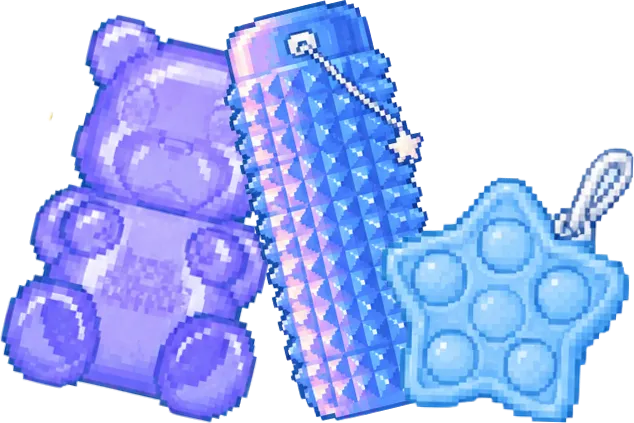 Juguetes antiestrés en pixel art: un osito de gomita, un rodillo sensorial y una estrella pop-it.