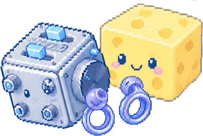Cubo antiestrés, un queso sonriente y anillos sensoriales en pixel art.