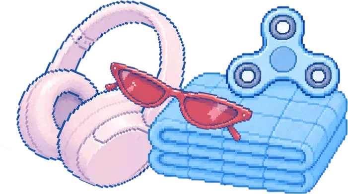 Audífonos, lentes de sol, una manta doblada y un spinner en pixel art.